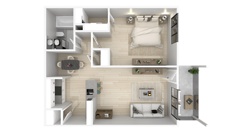 Floor plan for 1 bed, 1 bath, 676 sqft